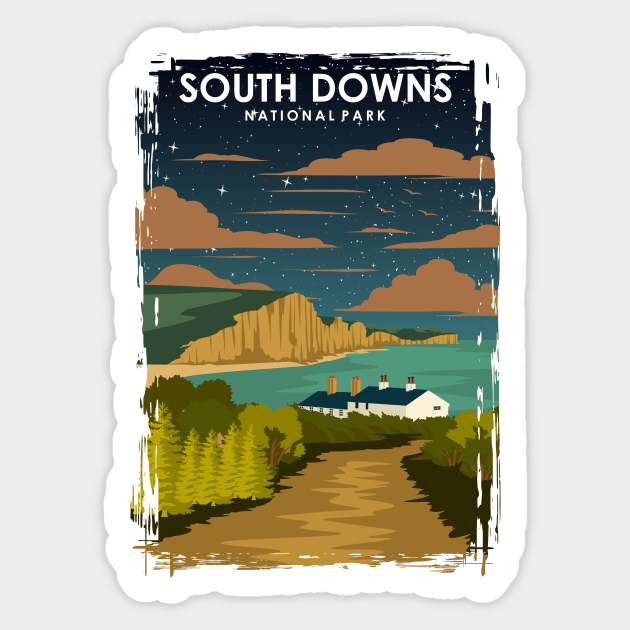 South Downs National Park Vintage Minimal Retro Trael Poster at Night Sticker by jornvanhezik